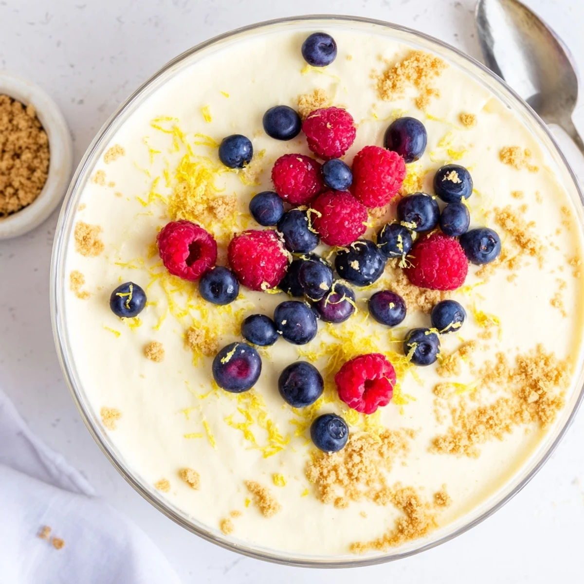 Light fluffy lemon cheesecake mousse dessert with graham cracker crumbs on white plate