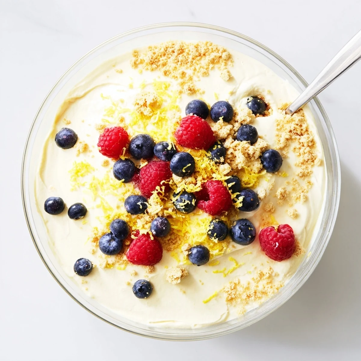 Individual servings of tangy lemon cheesecake mousse garnished with whipped cream and lemon slices