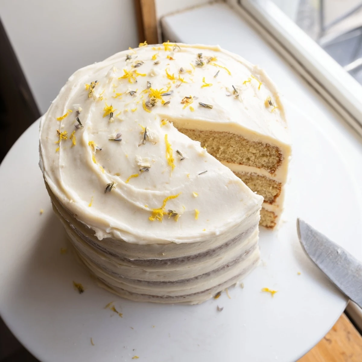 Slice of London Fog cake revealing Earl Grey infused layers with creamy vanilla bean frosting on a white plate