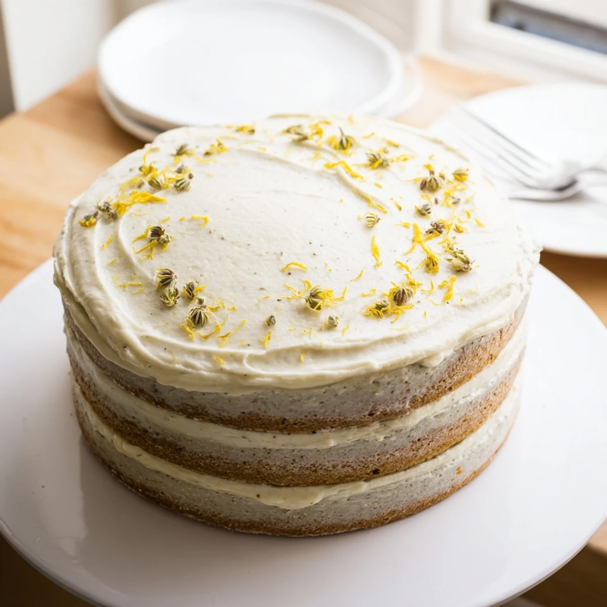Close up of moist London Fog cake slice showing tender crumb and smooth vanilla frosting garnished with edible flowers