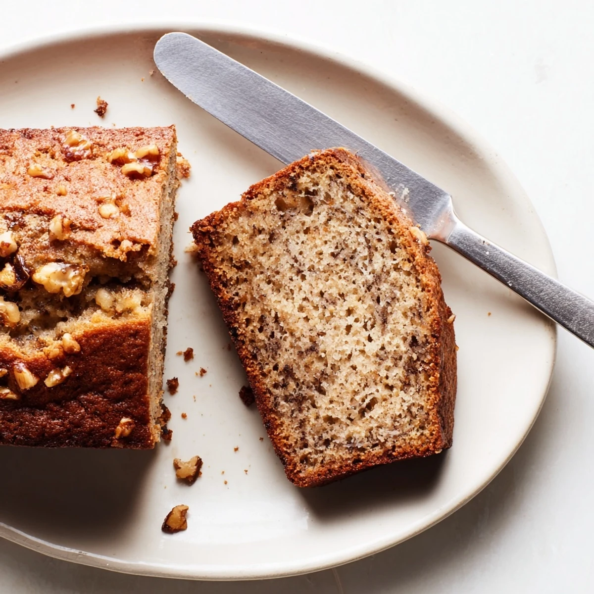 Golden brown ultimate banana nut bread loaf topped with toasted walnuts on a wooden cutting board