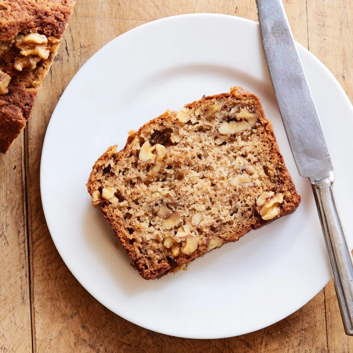 Moist ultimate banana nut bread slice revealing scattered walnut pieces inside, ready for breakfast