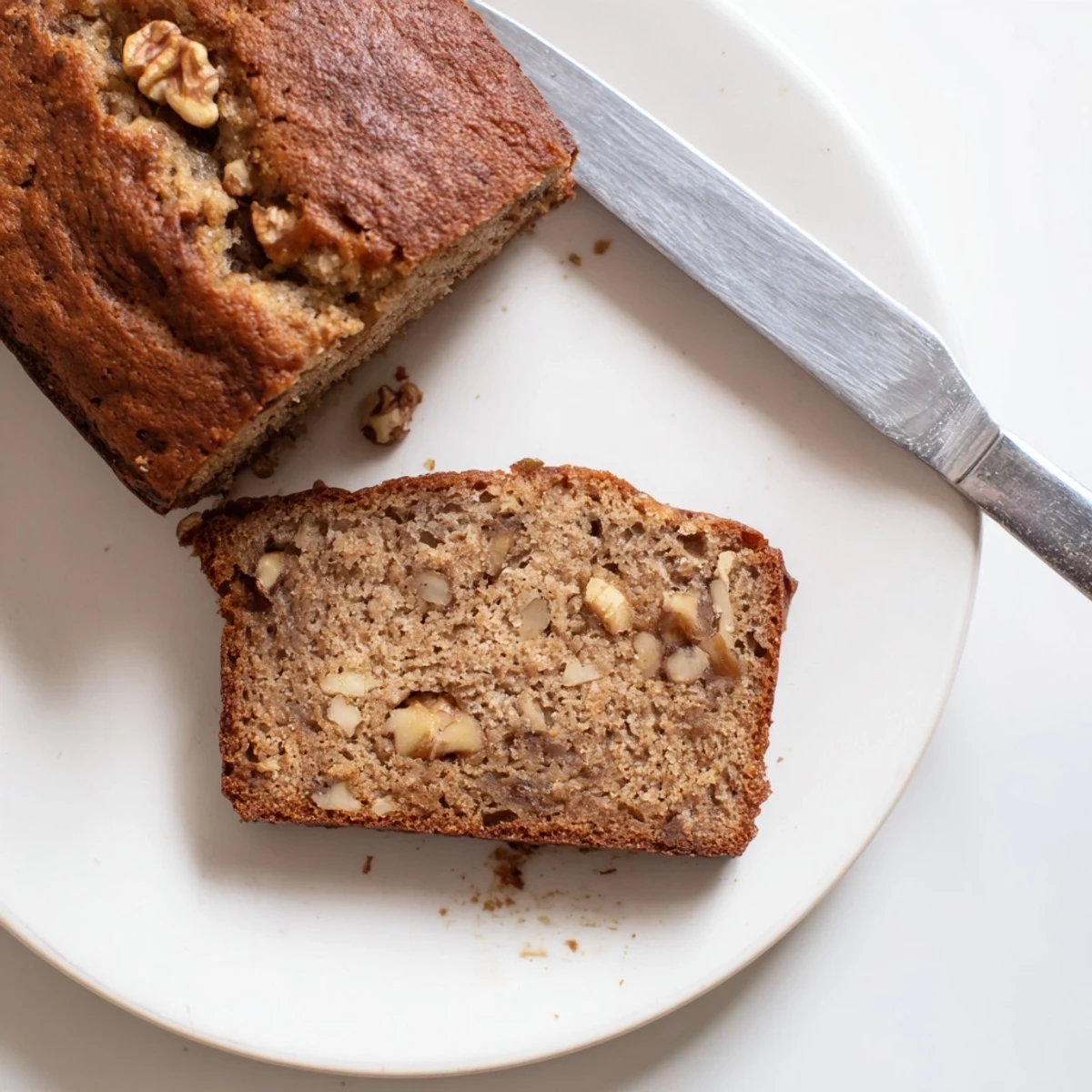 Freshly baked ultimate banana nut bread with crunchy walnuts, served on a white plate with a fork