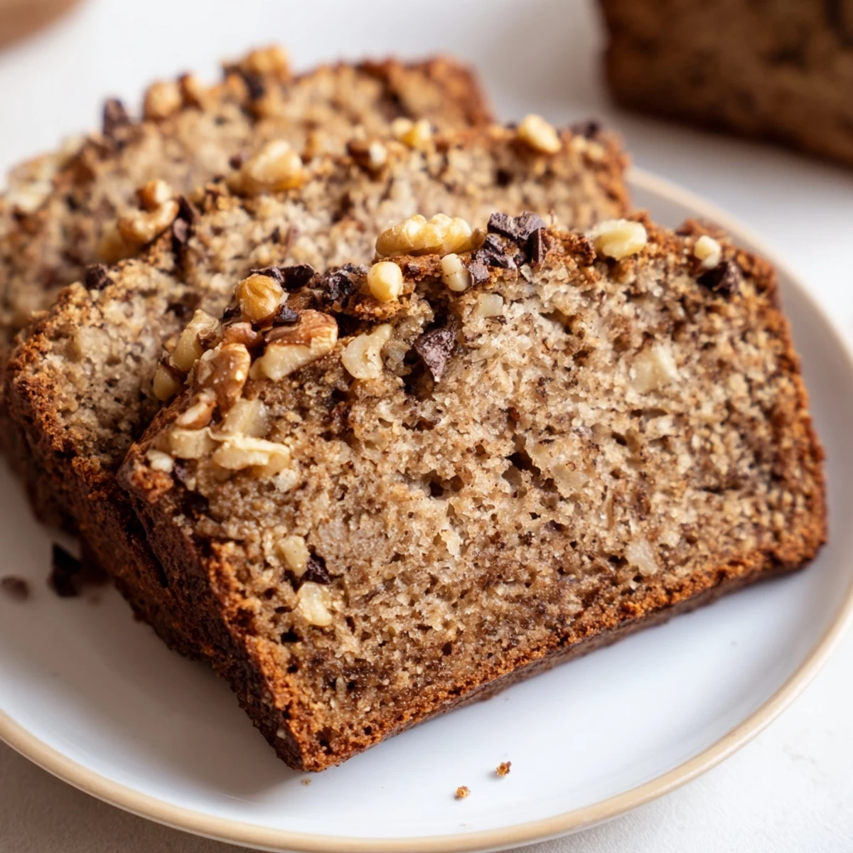 Golden loaf of moist banana bread with a crackled top, sliced to reveal tender crumb