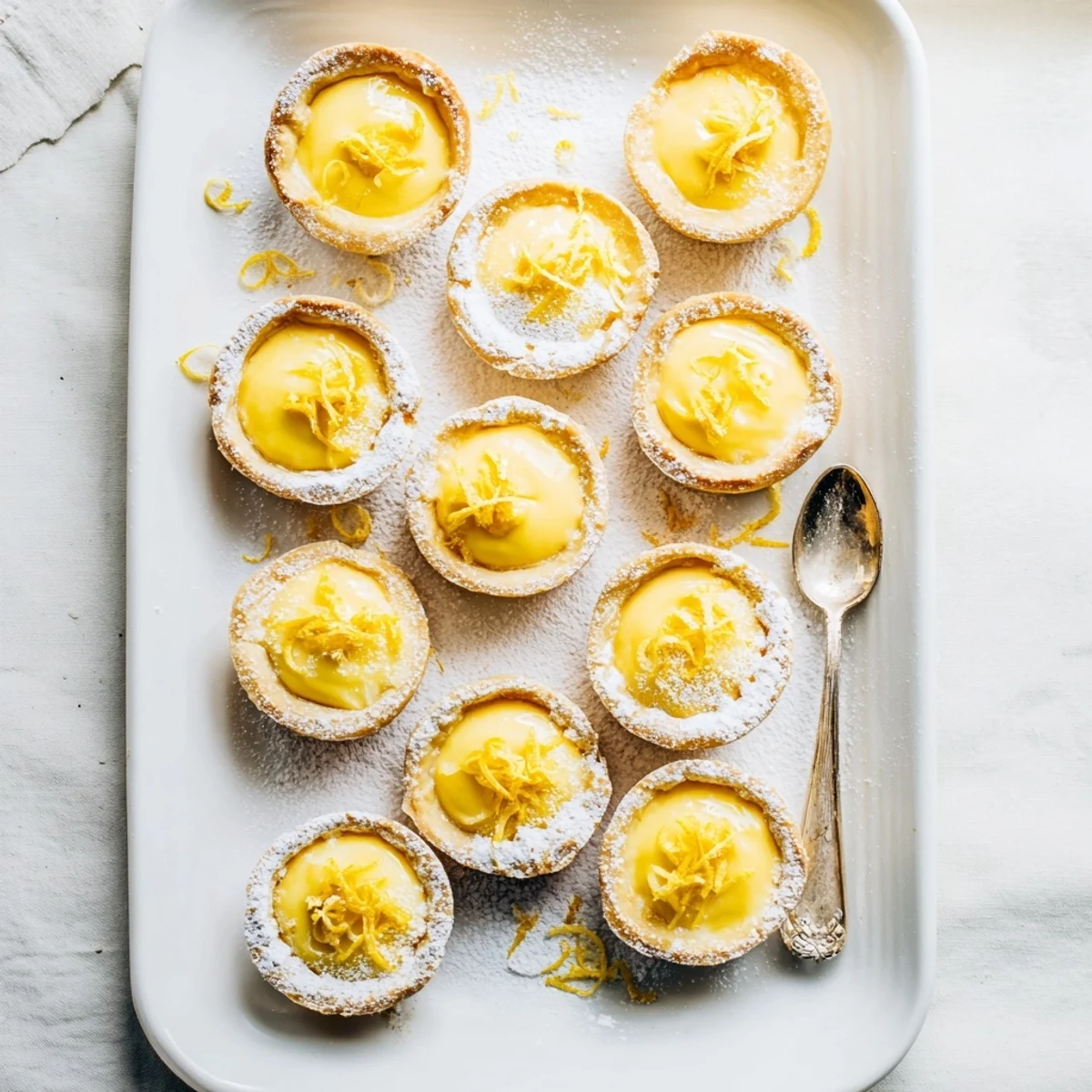 Golden mini vegan lemon tarts arranged on a white serving plate with fresh berries