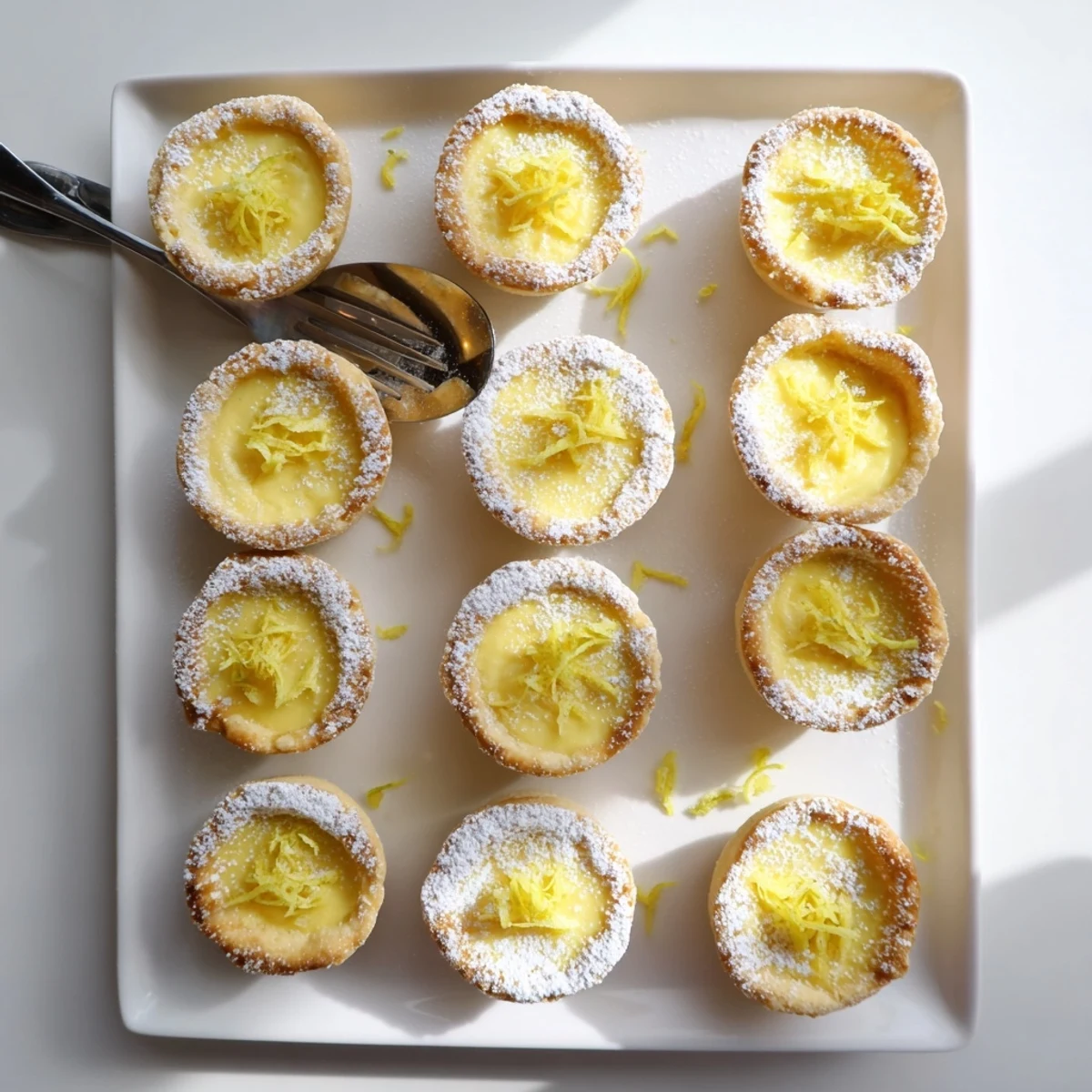 Tangy lemon curd filling piped into crisp golden pastry shells garnished with lemon zest