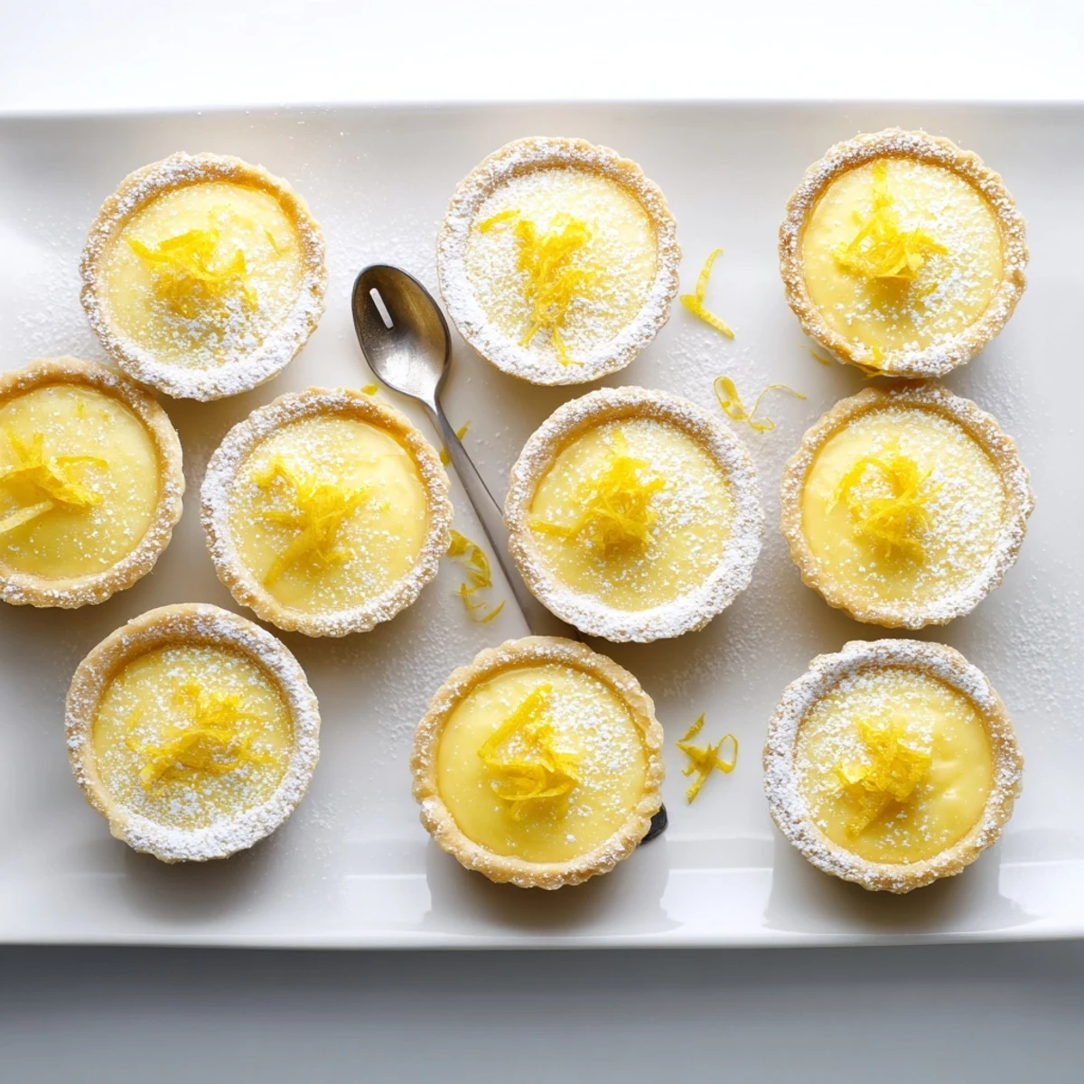 Bite-sized vegan lemon tartlets topped with powdered sugar and fresh mint leaves on wooden board