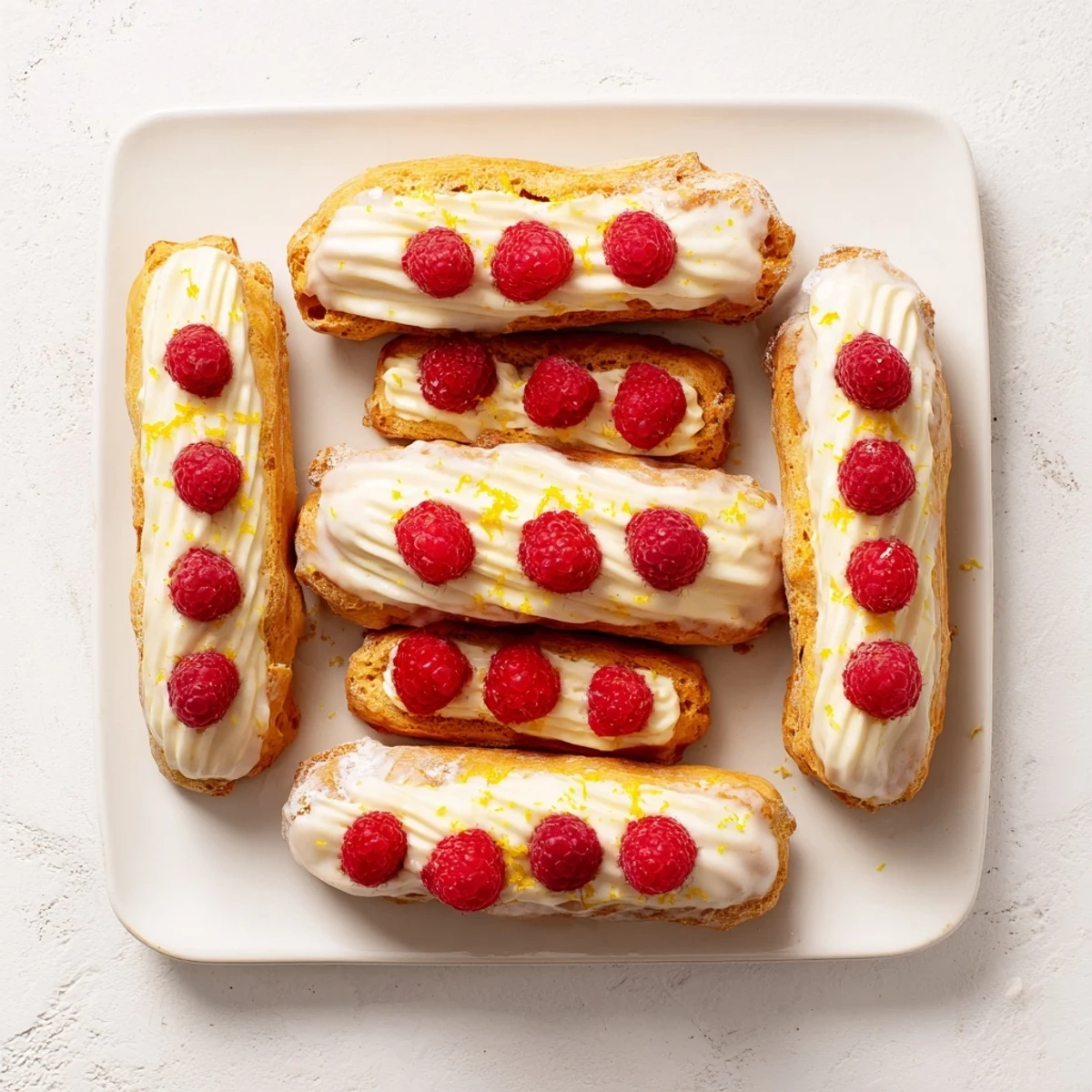 Golden lemon raspberry éclairs with tangy cream filling and fresh berry topping