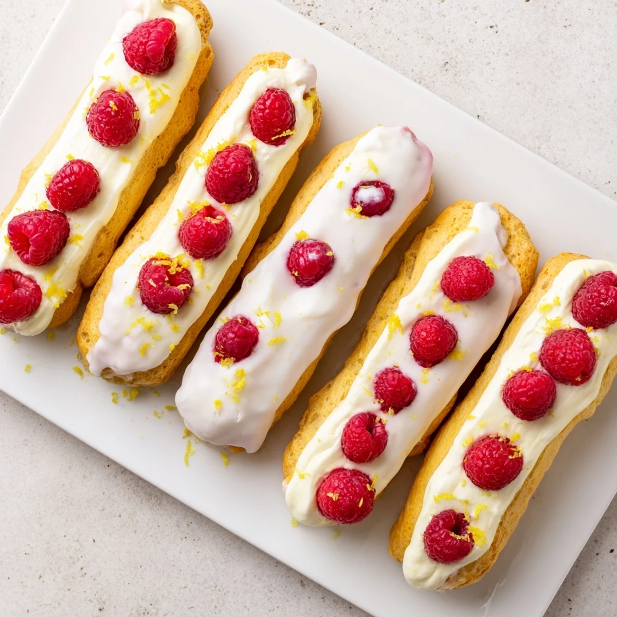 French pastry éclairs filled with zesty lemon cream and topped with raspberries