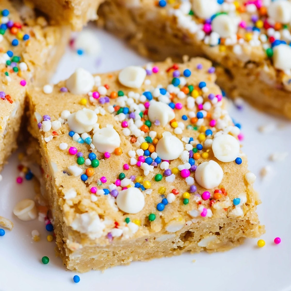 Golden Spring Funfetti Blondies studded with rainbow sprinkles on a white plate