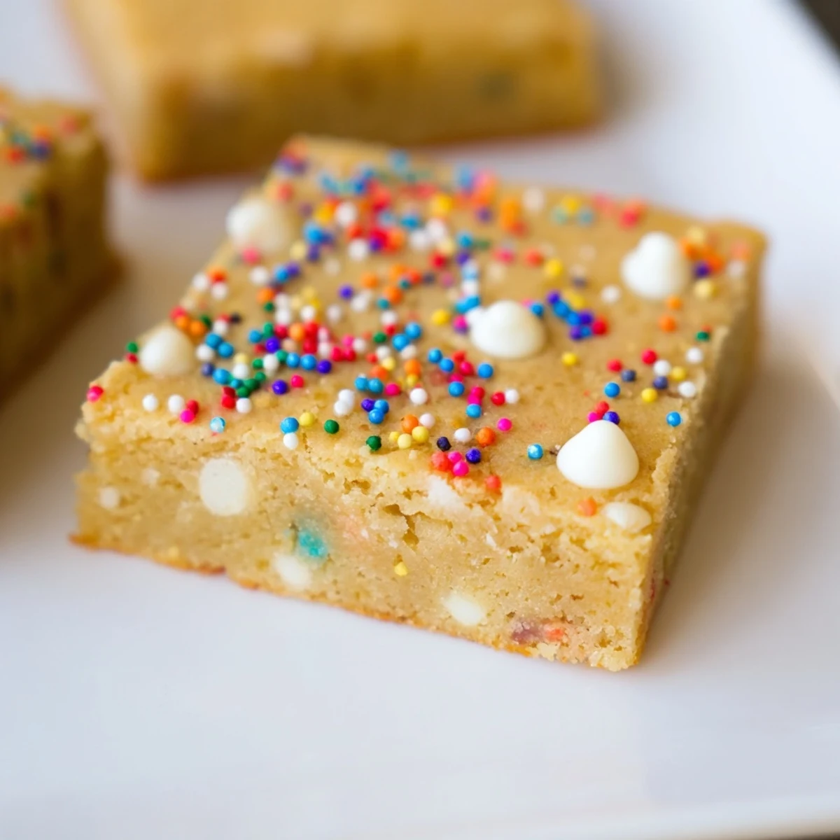 Buttery square blondies bursting with colorful sprinkles, cut into perfect handheld portions