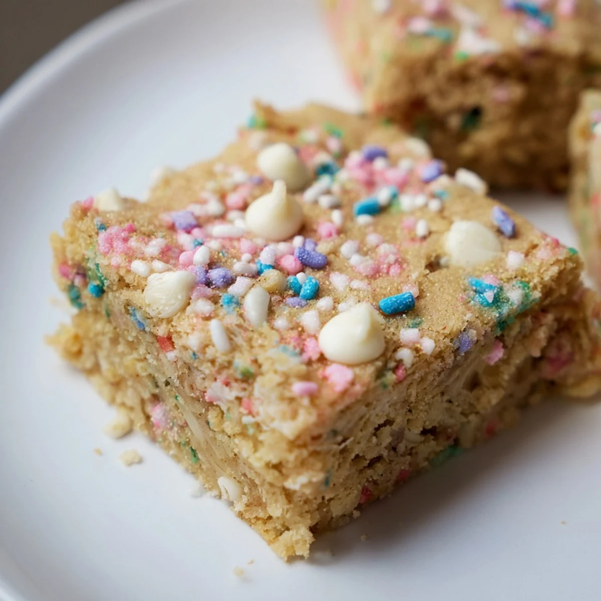 Festive Spring Funfetti Blondies topped with white chocolate chips and vibrant rainbow jimmies
