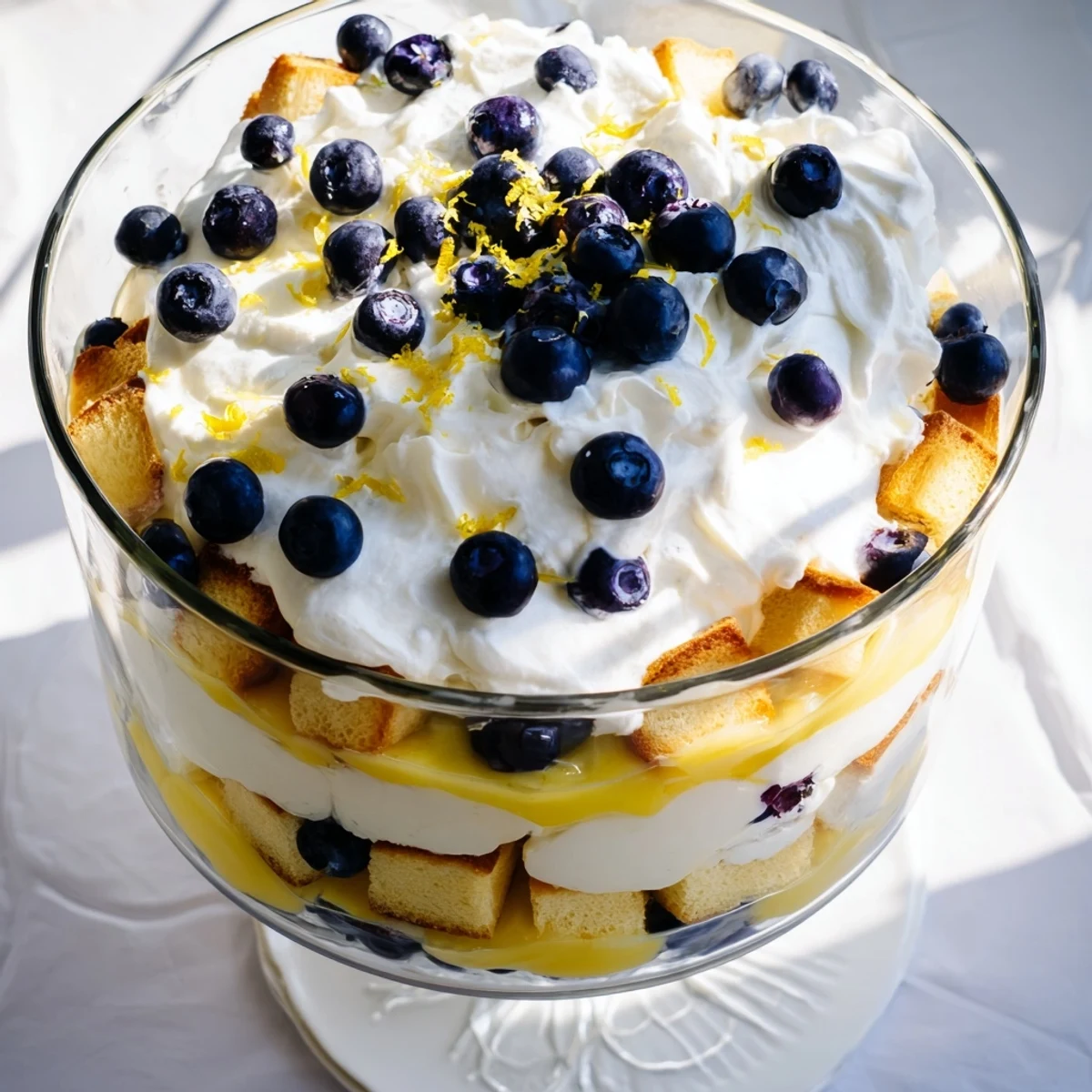 Fresh blueberries and lemon curd create stripes in this easy lemon blueberry trifle dessert