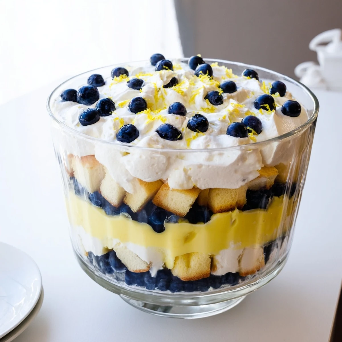 Spoon lifts fluffy cream and berries from a chilled easy lemon blueberry trifle serving