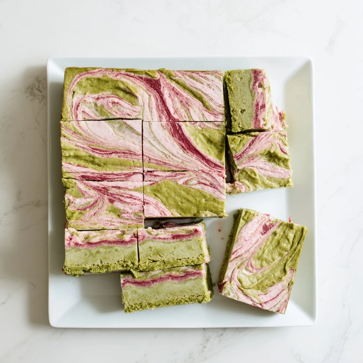 Golden matcha shortbread bars topped with creamy vanilla filling and vibrant red strawberry swirls