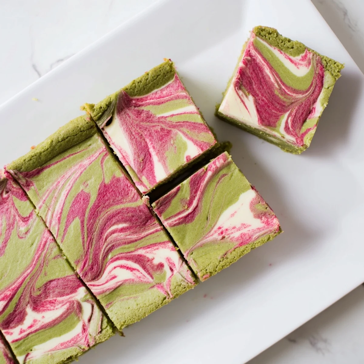 Fresh matcha strawberry cream bars sliced into squares on a white serving plate