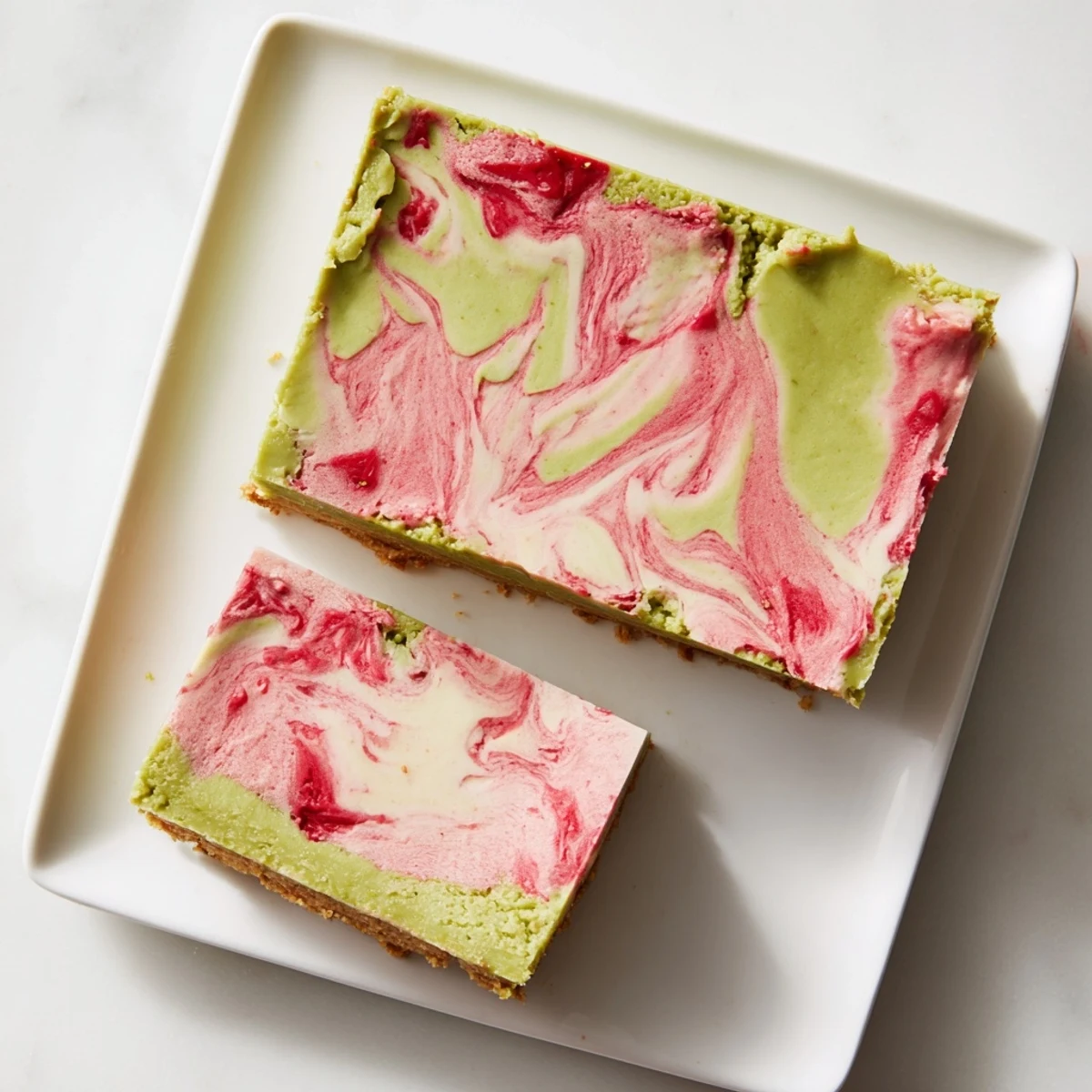 Japanese-inspired green tea bars featuring sweet strawberry ribbons swirled through rich cream cheese layer