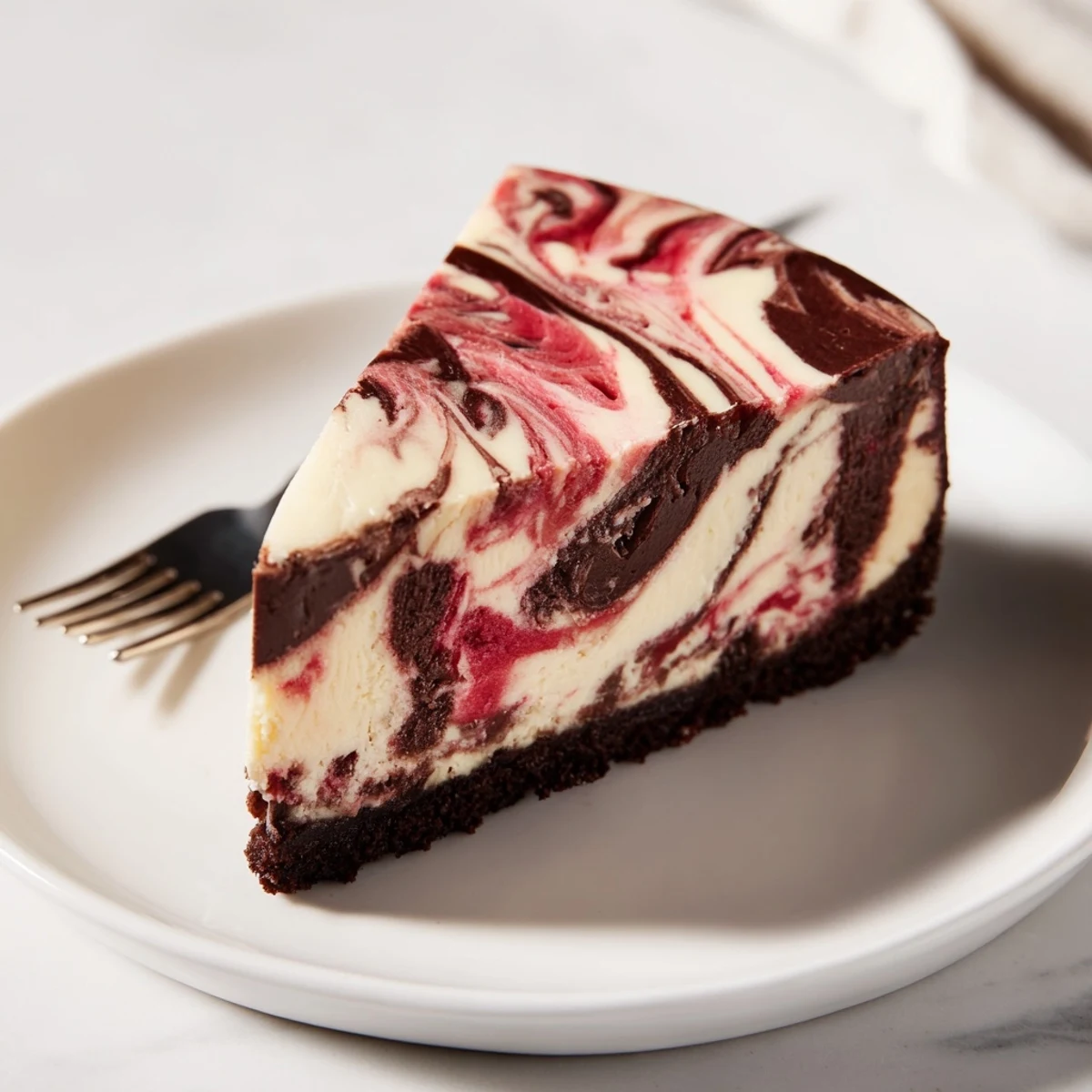 Decadent chocolate strawberry swirl cheesecake slice with vibrant red berry ribbons on a dark chocolate plate