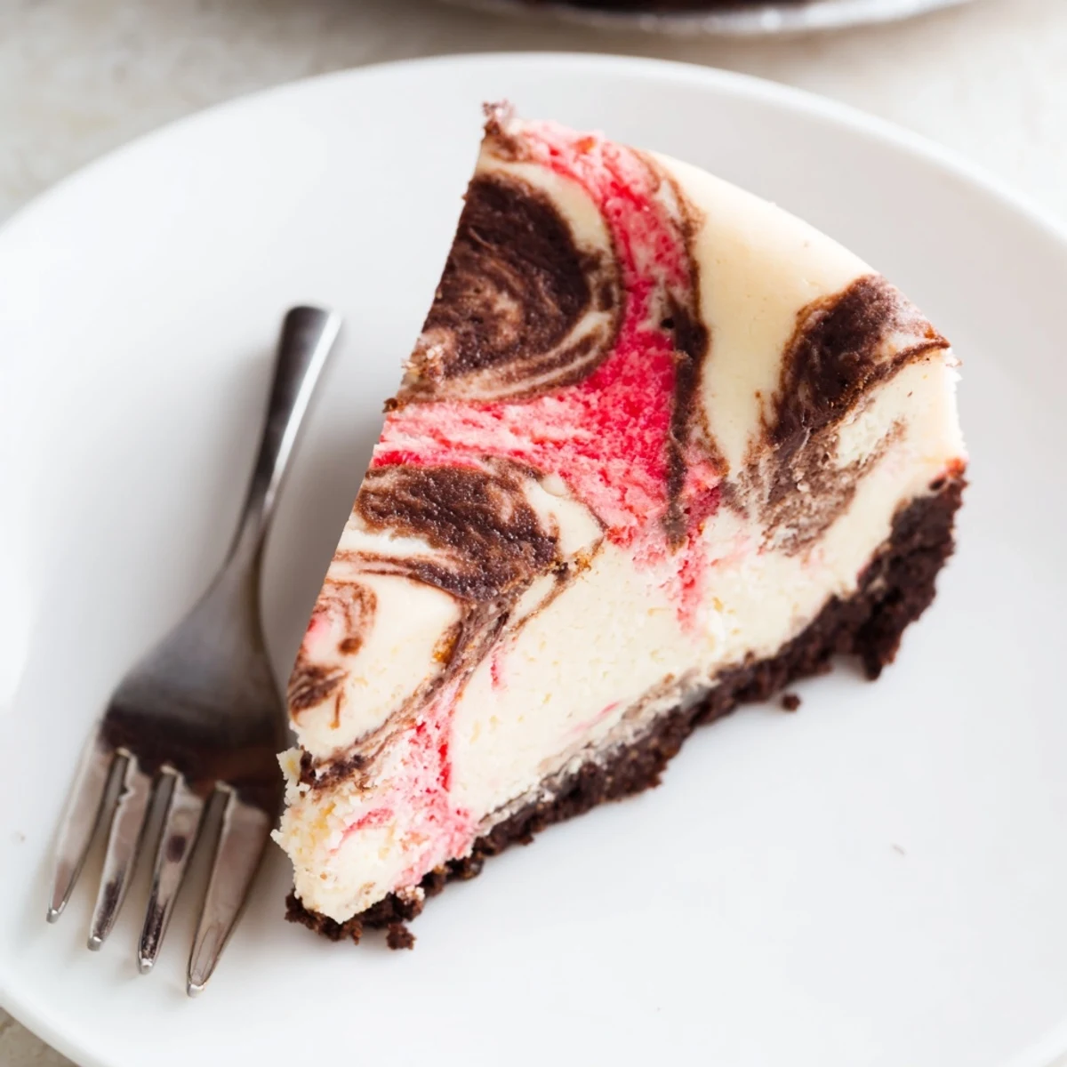 Creamy no-bake style chocolate strawberry swirl cheesecake featuring fresh strawberry puree swirled through rich chocolate batter