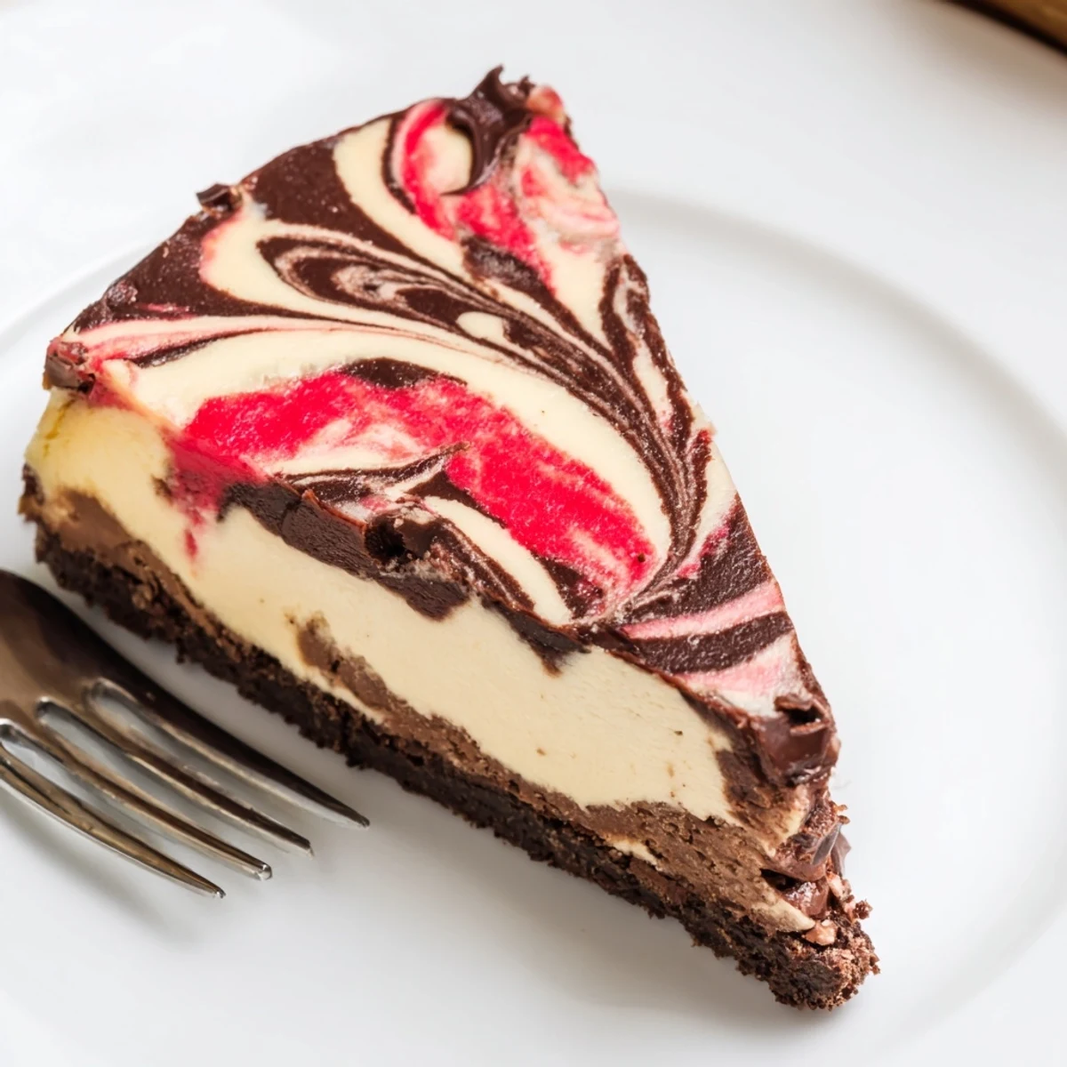 Homemade chocolate strawberry swirl cheesecake served on white plate with graham cruster crust and juicy berry topping