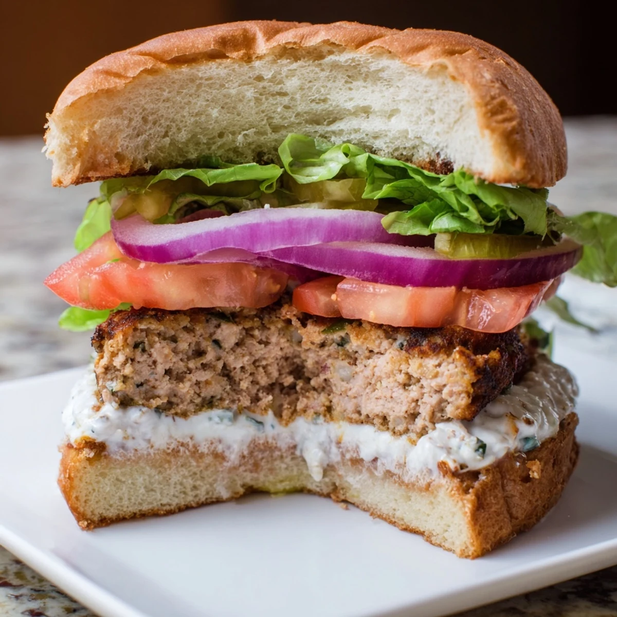 Golden Greek chicken burgers stacked with fresh tomato, cucumber, and creamy tzatziki sauce on toasted buns