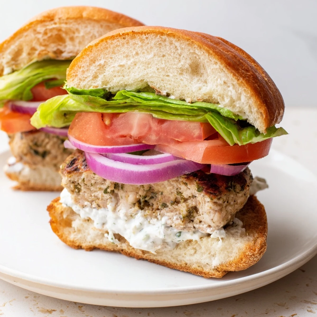 Succulent Mediterranean chicken patties topped with crisp lettuce, red onion, and zesty homemade tzatziki