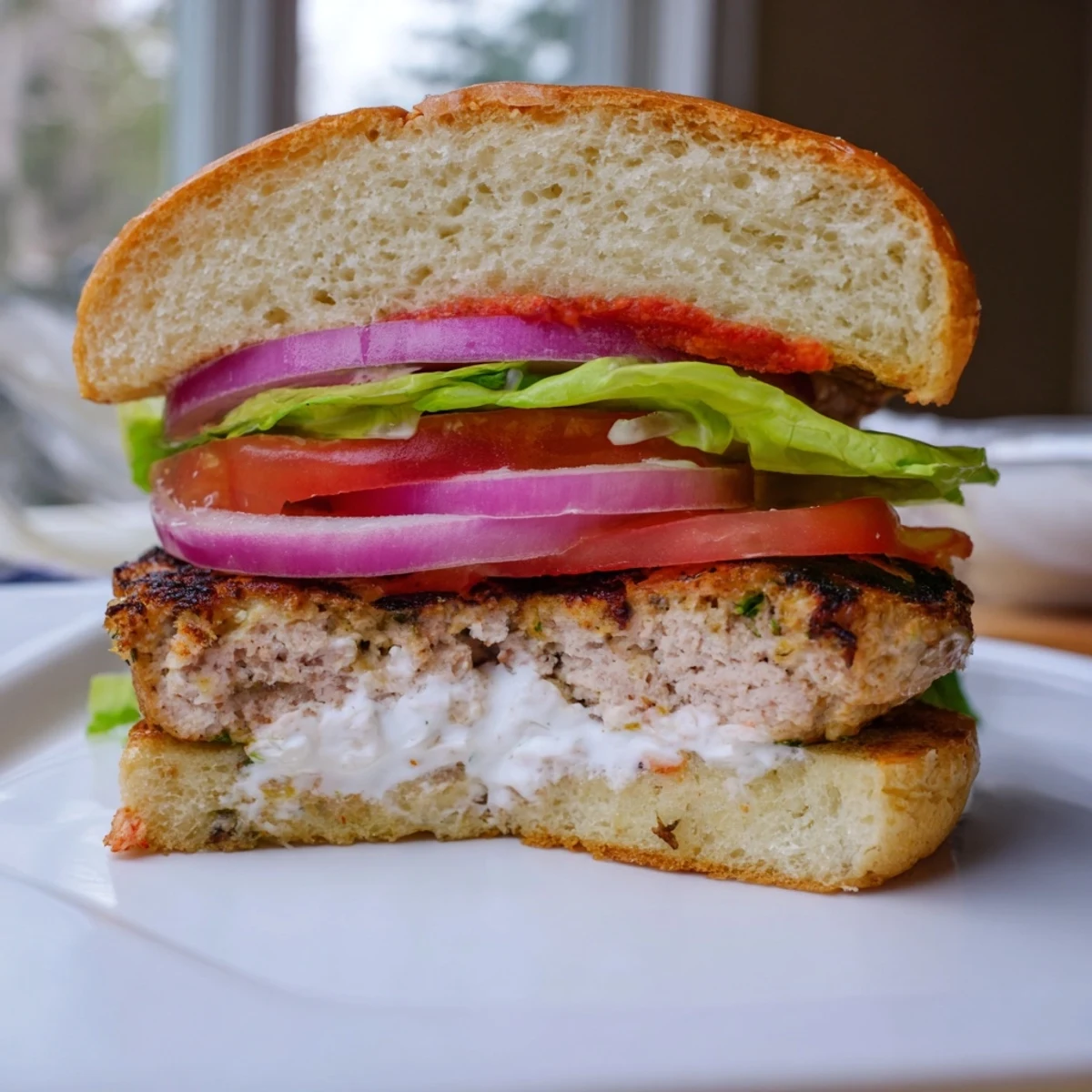 Juicy ground chicken burgers garnished with crumbled feta, cool yogurt sauce, and vibrant garden vegetables