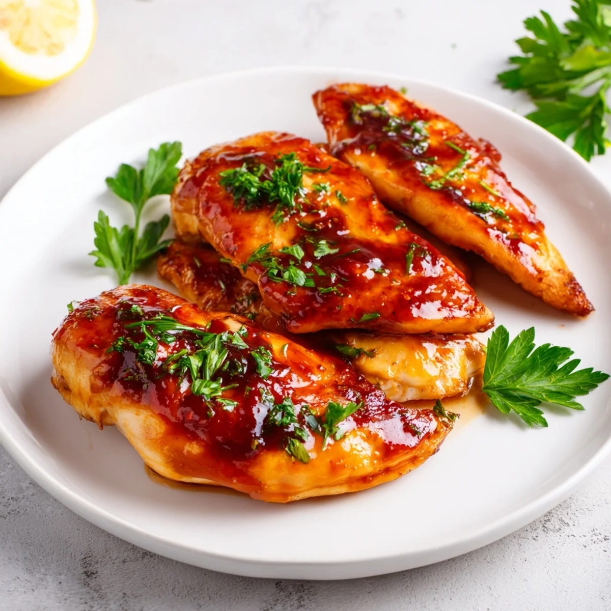 Golden Chicken Diablo glazed in spicy honey mustard sauce garnished with fresh parsley