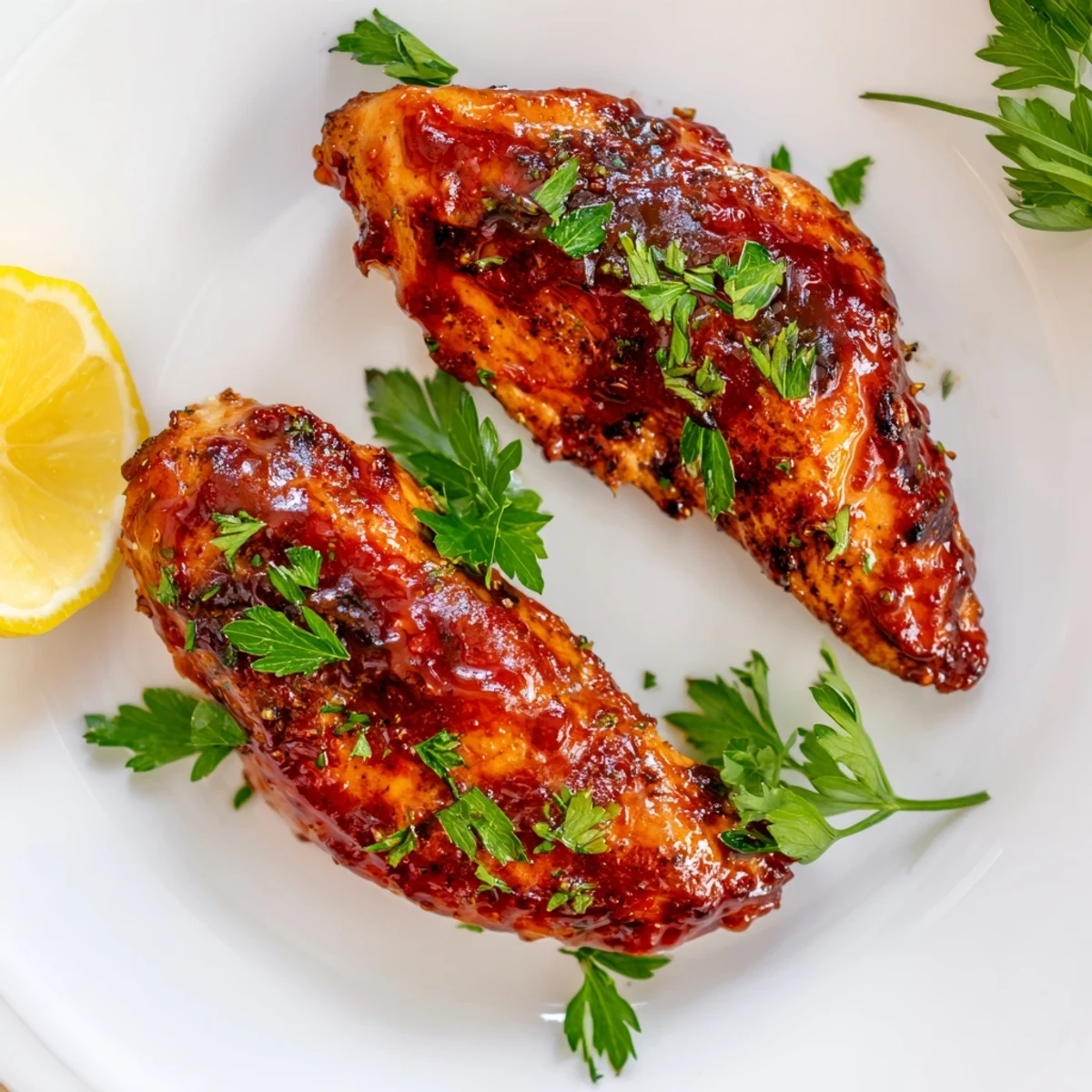 Oven-baked spicy sweet chicken breasts coated in rich zesty Diablo sauce with lemon