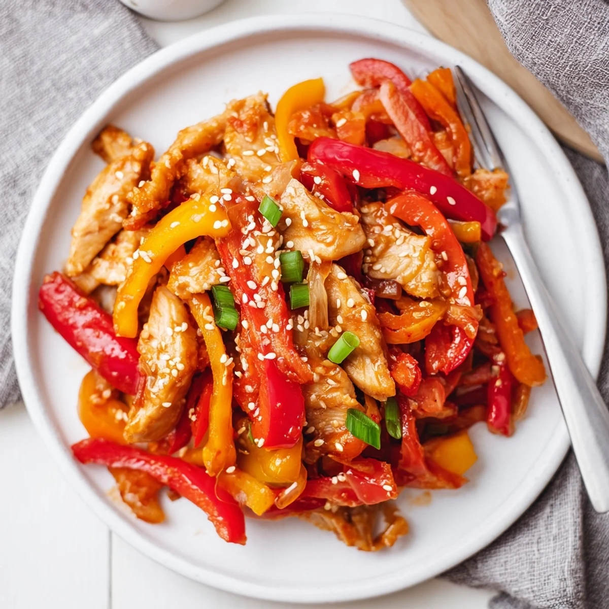 Sizzling spicy dragon chicken stir-fry with tender meat and vibrant red yellow peppers