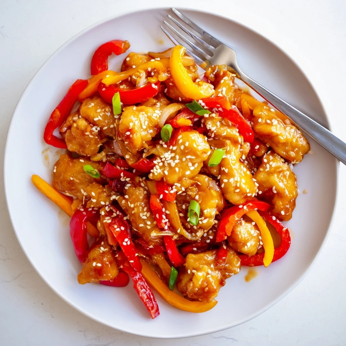 Crispy spicy dragon chicken pieces tossed in fiery glaze with sesame seed garnish