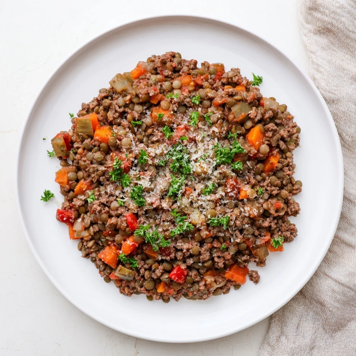 Savory healthy beef and lentil Bolognese plated over pasta with fresh basil garnish and grated Parmesan