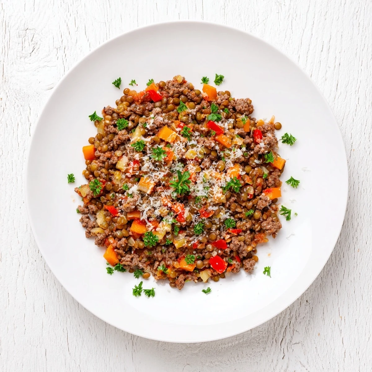 Rustic healthy beef and lentil Bolognese featuring lean ground beef, colorful vegetables, and protein-rich lentils in a rich tomato sauce