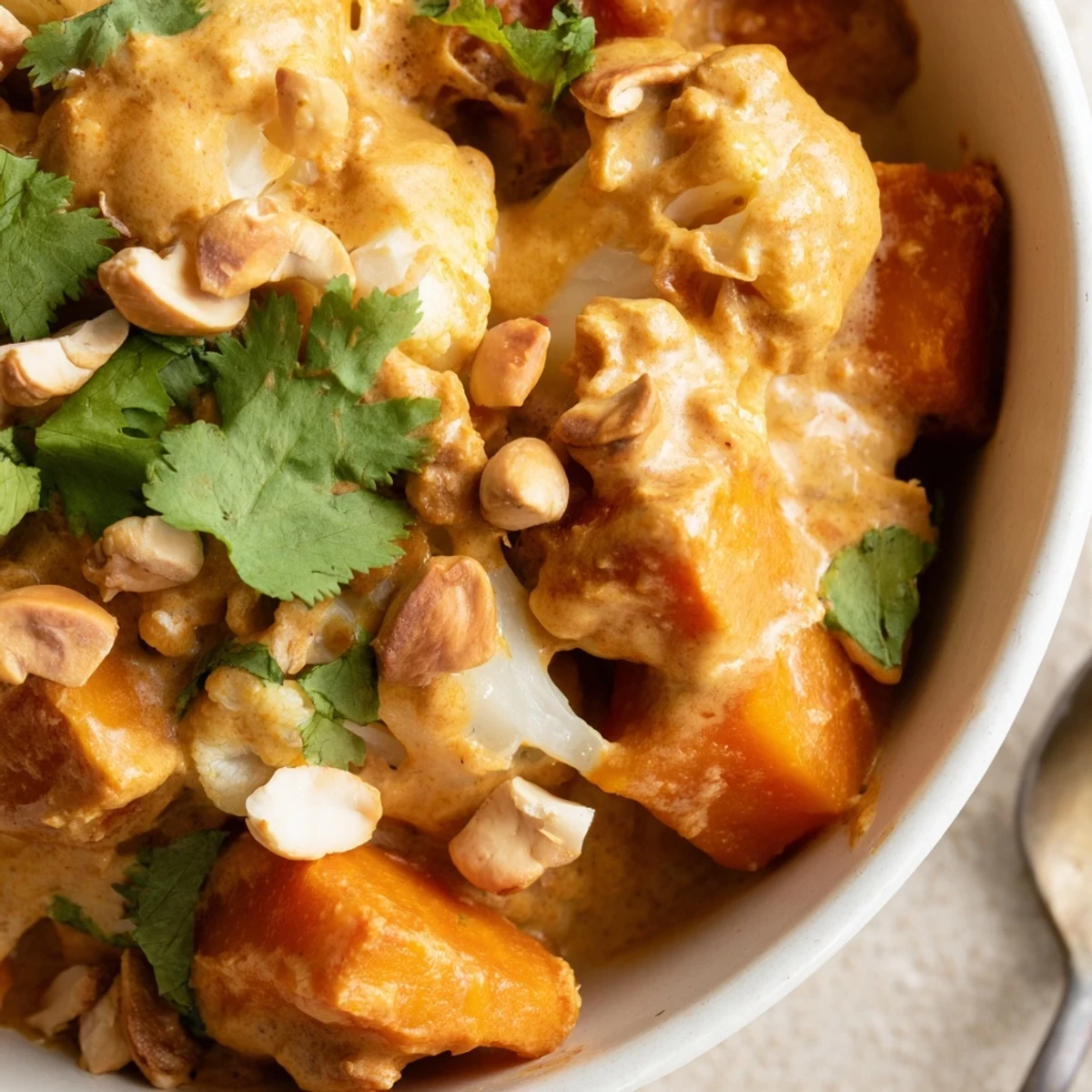 Creamy kumara cauliflower and cashew korma curry served over steamed basmati rice with toasted cashew garnish