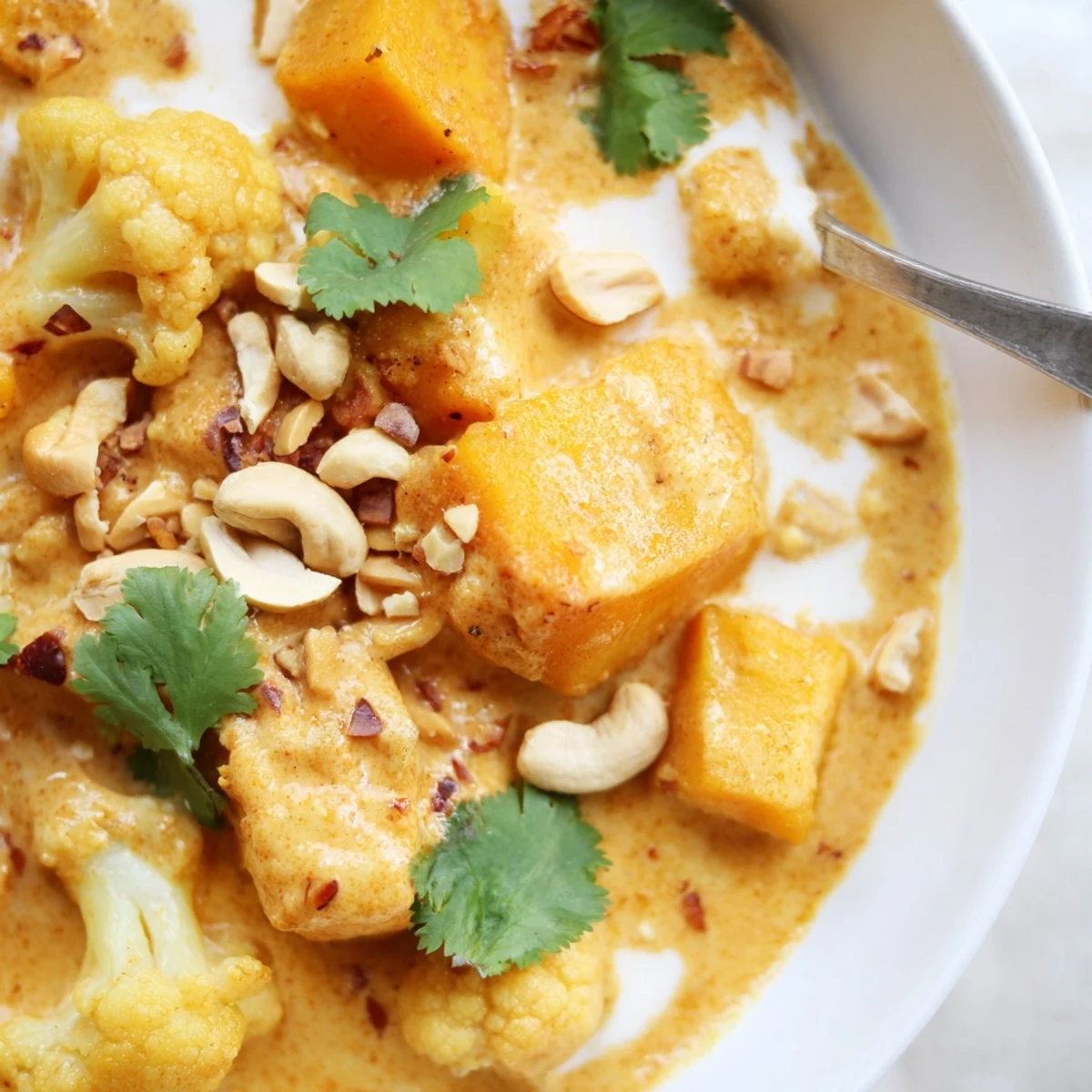 Rich vegetarian kumara cauliflower and cashew korma curry bubbling in a cast iron skillet with fresh cilantro
