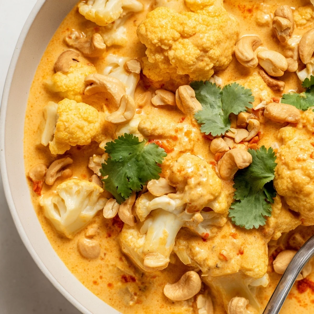 Golden kumara chunks and tender cauliflower florets swimming in fragrant cashew korma sauce with lime wedges