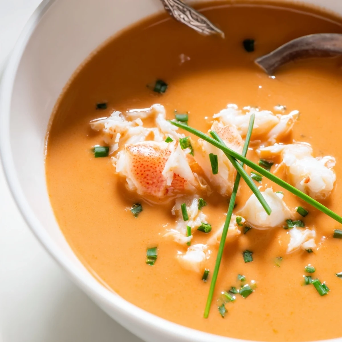 Creamy seafood bisque bowl featuring tender crab and shrimp garnished with fresh herbs and lemon
