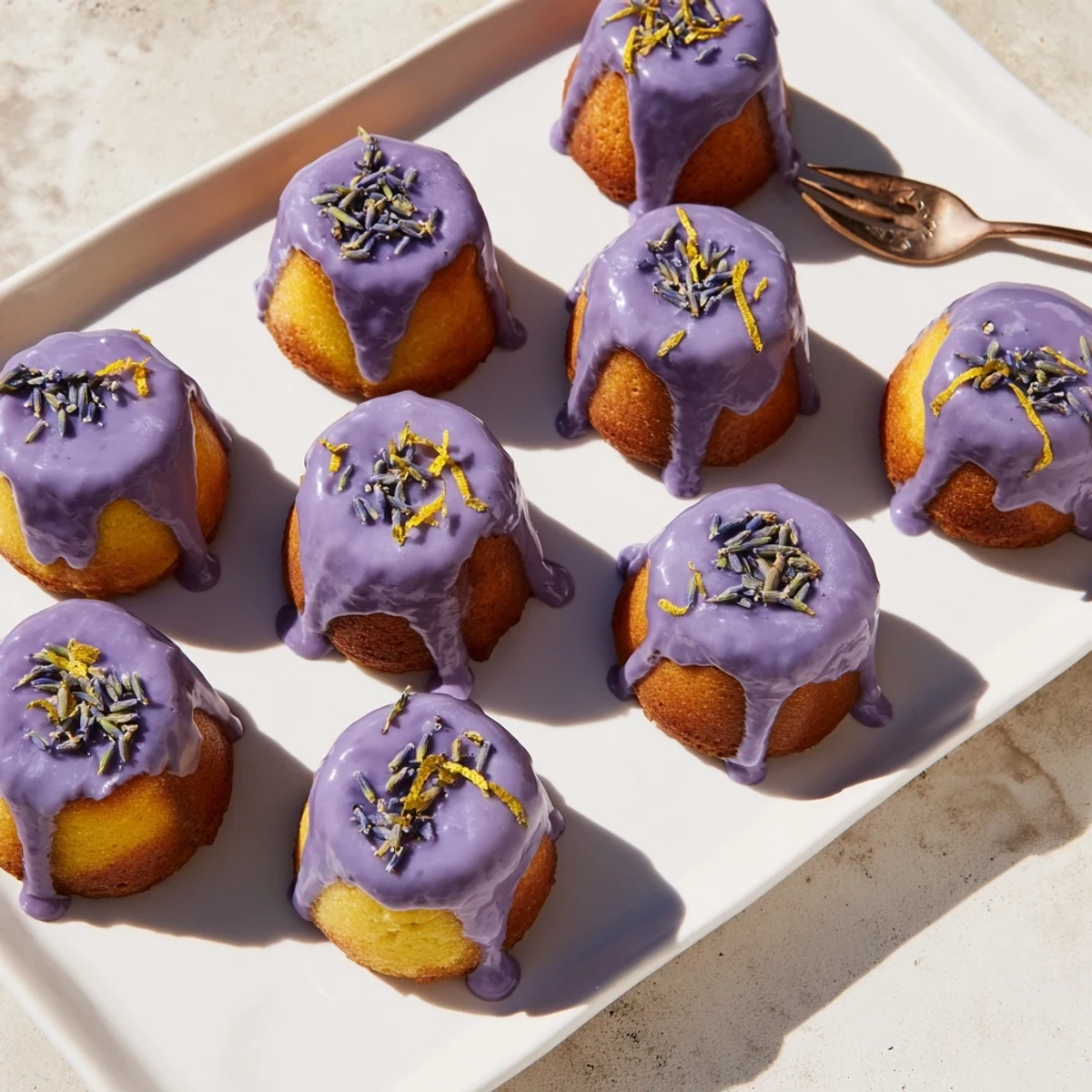 Golden mini lemon cakes drizzled with purple lavender glaze and fresh lemon zest garnish