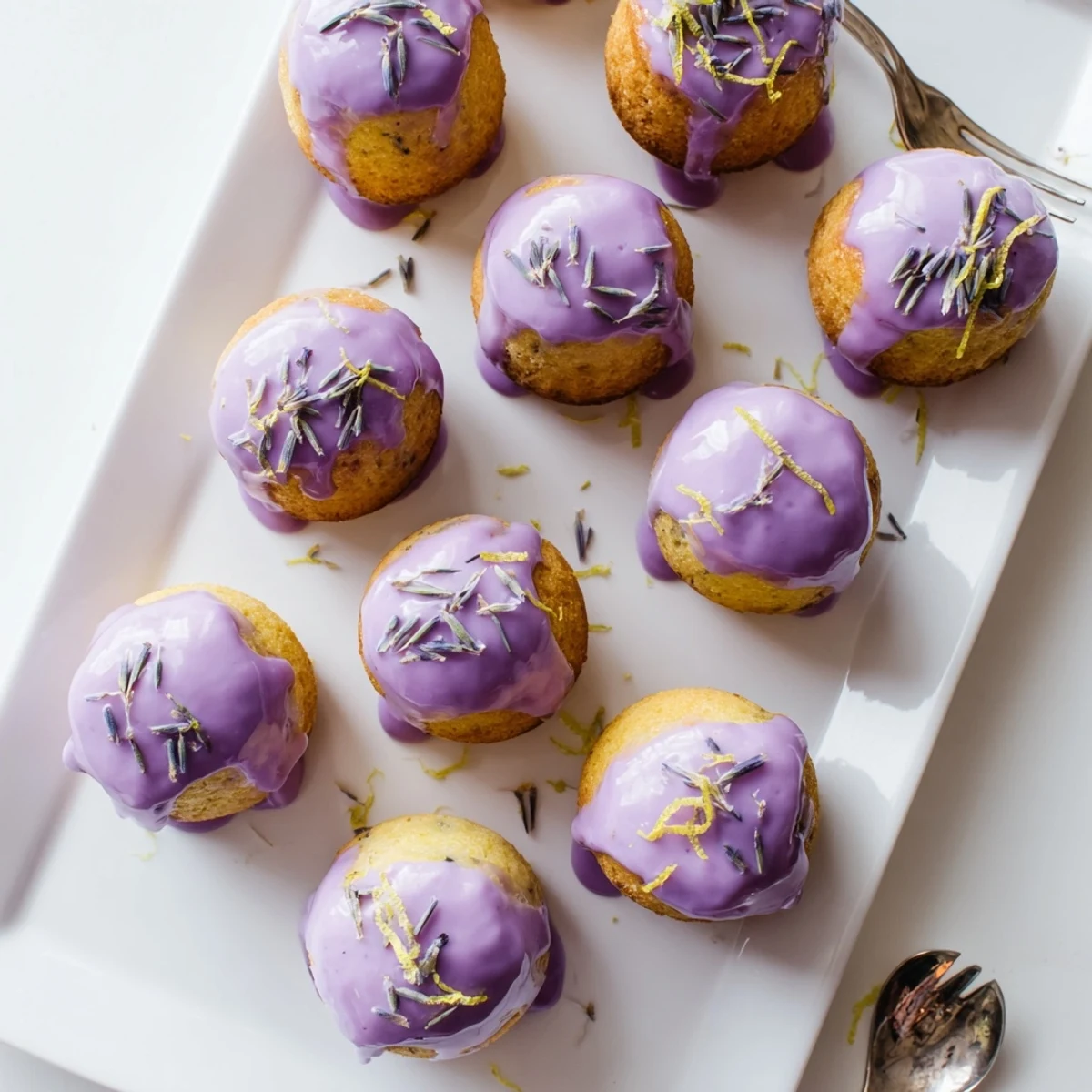 Elegant mini lemon cakes with fragrant lavender glaze on a white serving platter