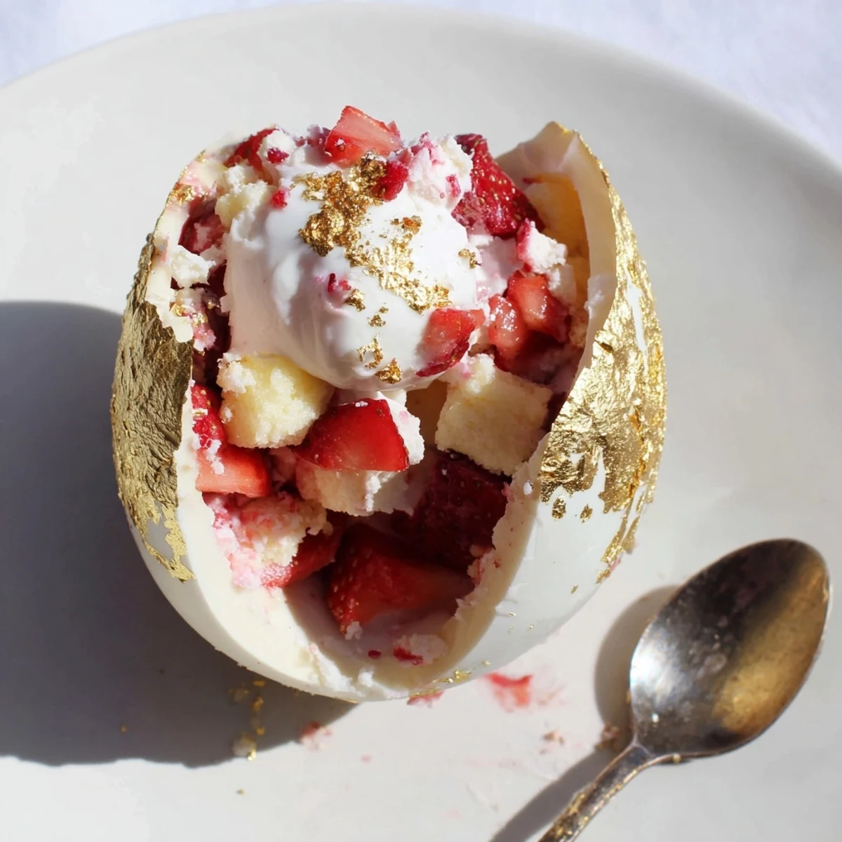 Golden chocolate Easter egg filled with layers of fluffy shortcake and sweet fresh strawberries