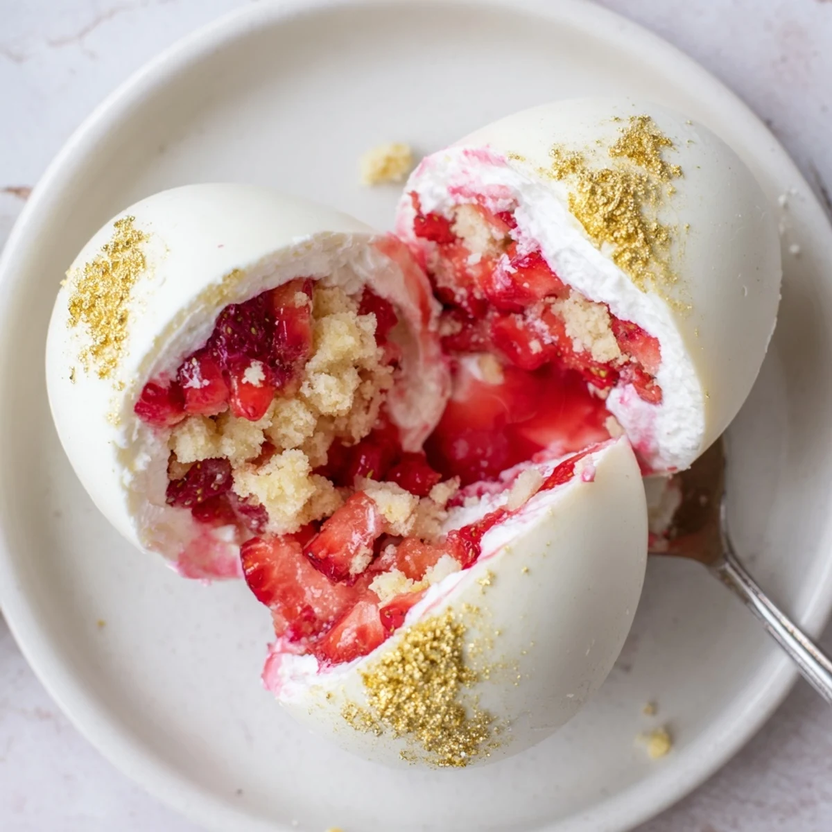 White chocolate shell revealing whipped cream and ruby red strawberries inside this spring dessert