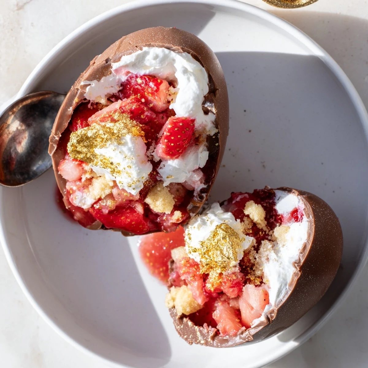 Festive chocolate egg bomb crossed section showing crumbled cake, juicy berries, and vanilla cream
