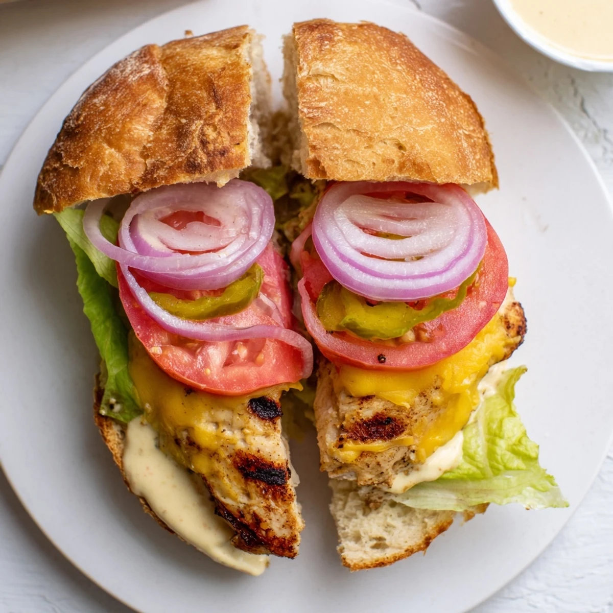 Golden cheesy grilled chicken sandwich layered with crisp lettuce and tomato on toasted bread