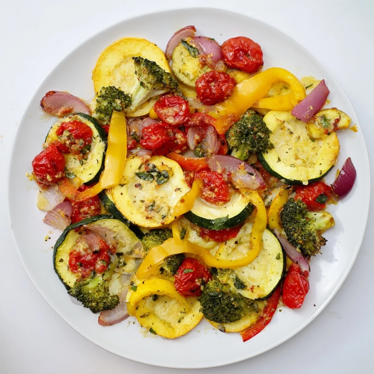 Colorful oven-roasted vegetable medley tossed in a rich Parmesan sun-dried tomato cream sauce