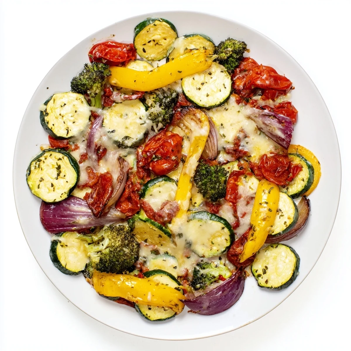 Golden roasted vegetables drizzled with creamy sun-dried tomato sauce and garnished with fresh basil