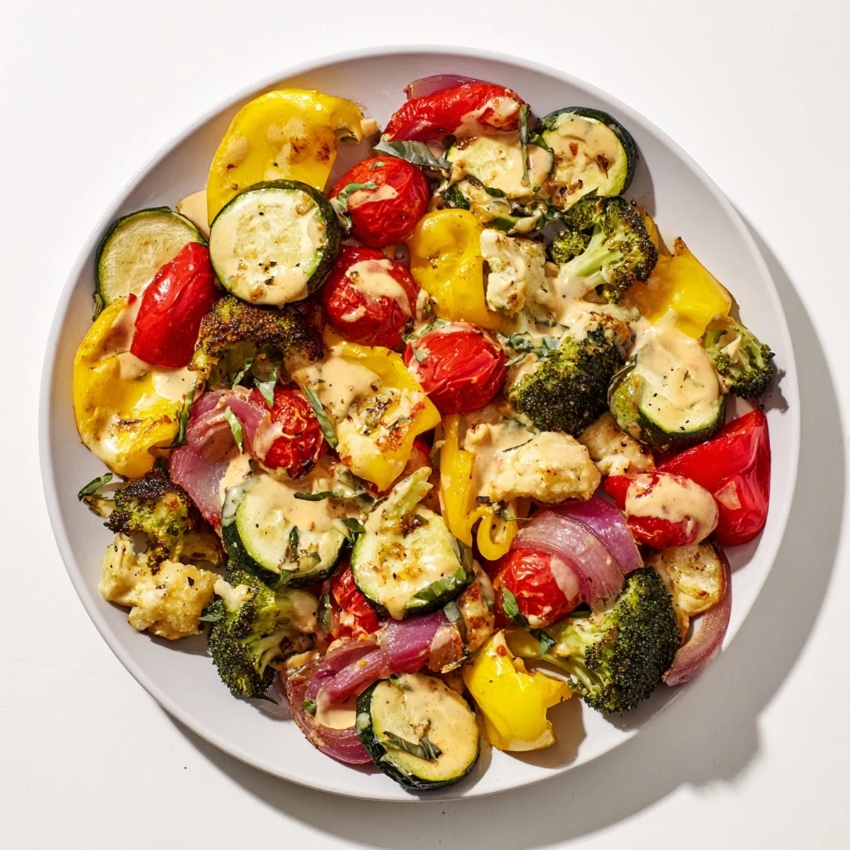 Vibrant roasted zucchini bell peppers and broccoli coated in a savory sun-dried tomato sauce