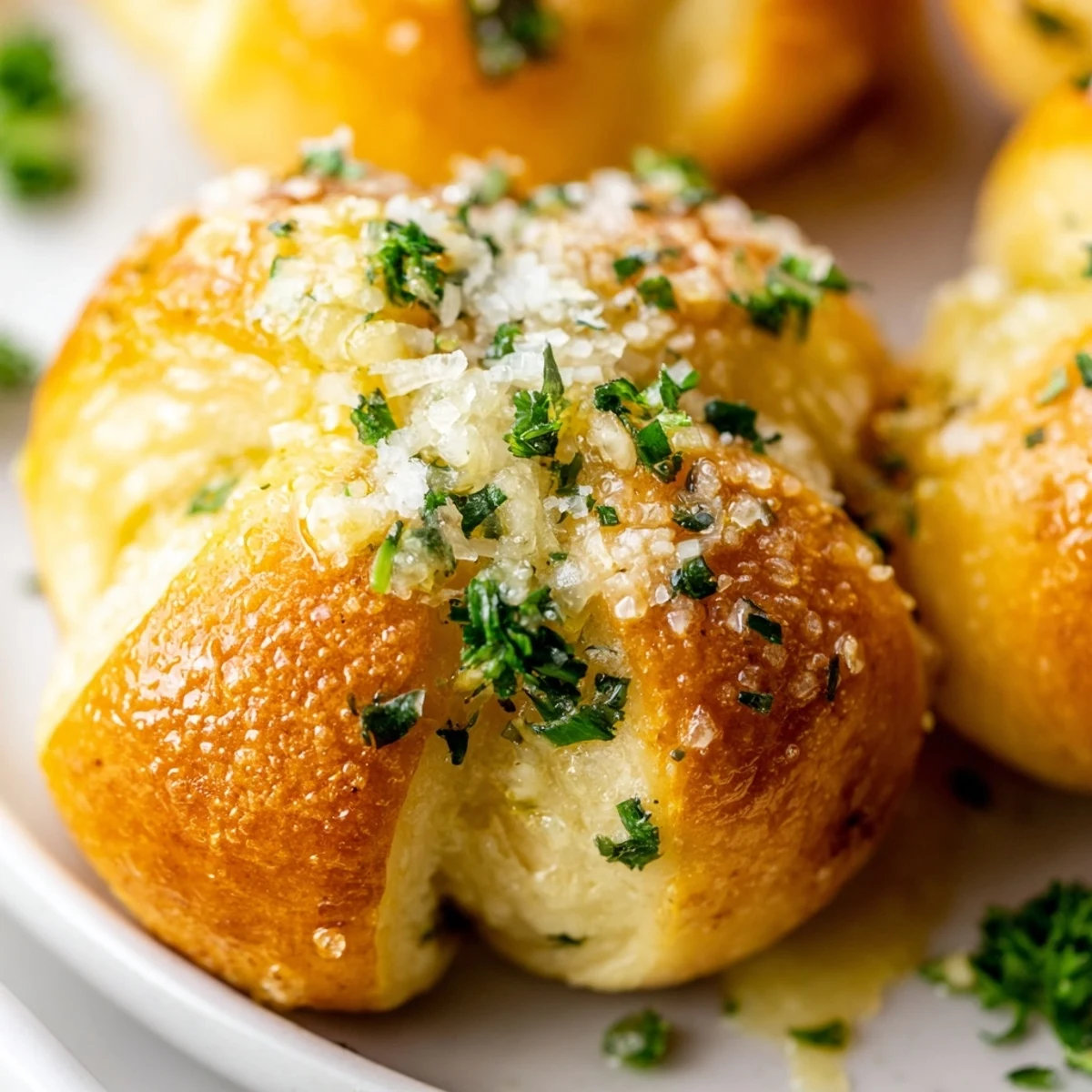 Golden gluten-free garlic knots brushed with melted butter and fresh parsley, served warm on a white plate