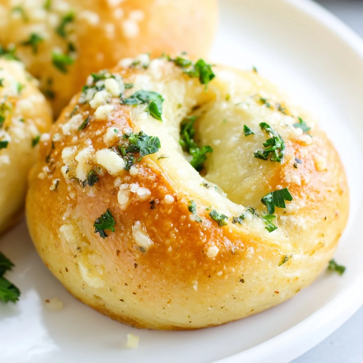 Warm Italian-style gluten-free garlic knots tied into classic shapes, glistening with garlic herb butter topping