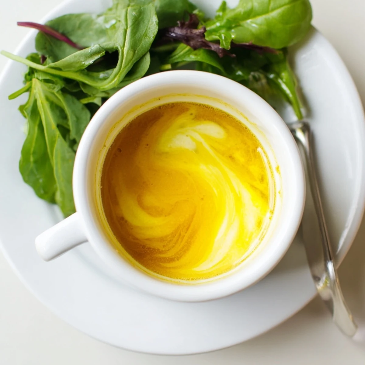 Golden honey lemon vinaigrette drizzled over fresh green salad in white bowl
