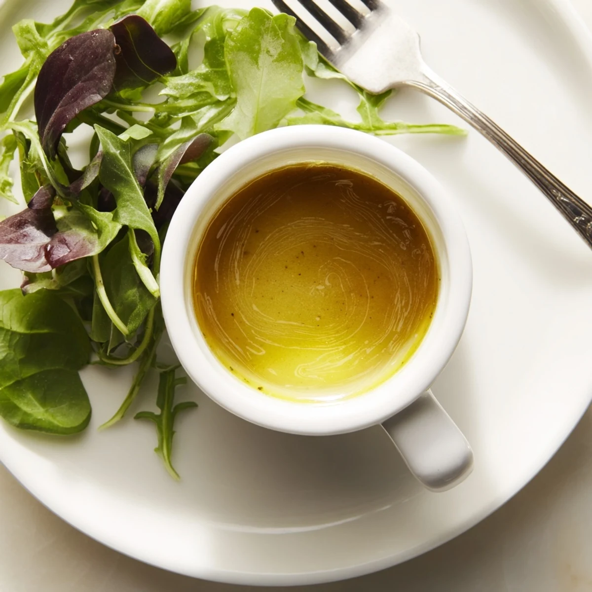 Smooth emulsified honey lemon vinaigrette with floating citrus oils in glass jar